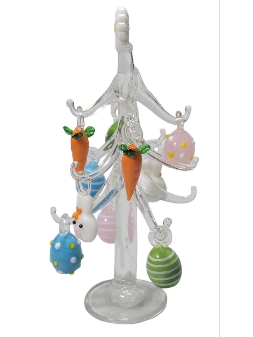 Pier 1 Glass Easter Tree With 12 Ornaments Eggs Bunnies Carrots Chicks READ - Picture 4 of 7